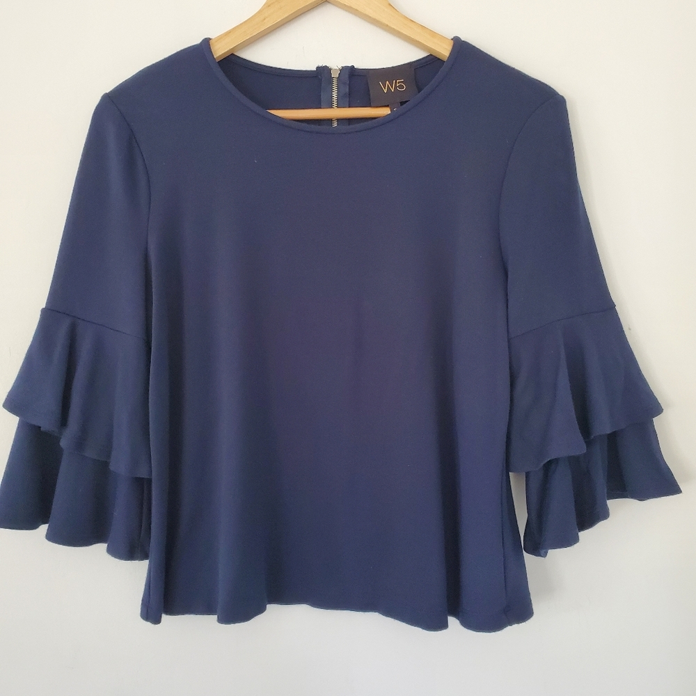 W5 Sz S Navy Blue Top Double Ruffle 3/4 Sleeve Zip Straight Hem Office Casual